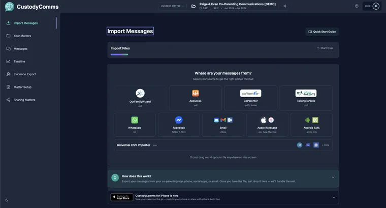 CustodyComms desktop app landing page after: a grid of sources to choose from, including co-parenting apps, WhatsApp, email, and phone messages
