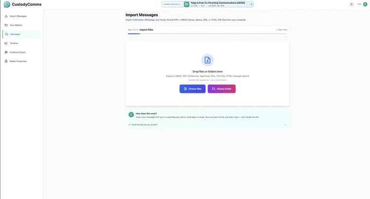 CustodyComms desktop app landing page before: one empty drop zone with two buttons