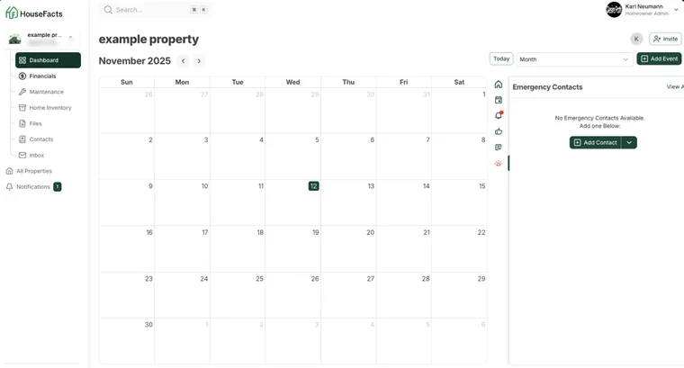 HouseFacts dashboard in October 2025: a month calendar and an empty emergency contacts panel