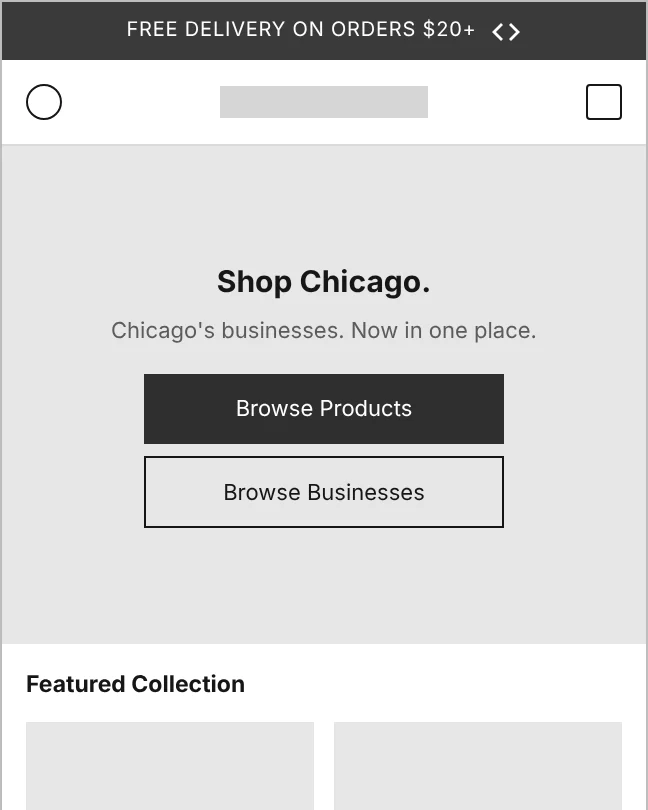 Sherwood Square home page wireframe before: a banner with two browse buttons, and no products until the shopper scrolls