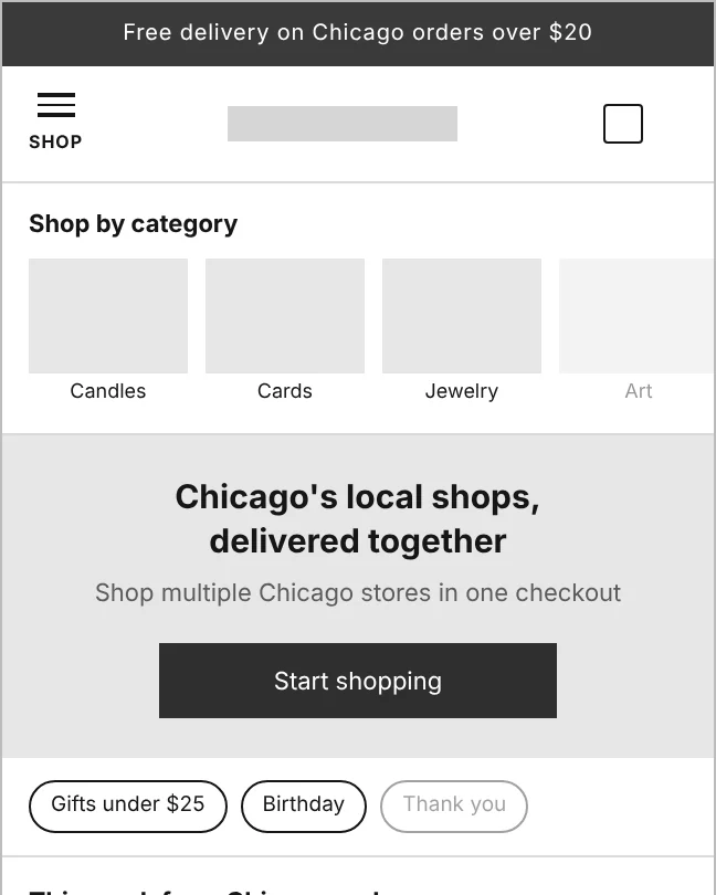 Sherwood Square home page wireframe, proposed: category tiles, one Start shopping button, and gift shortcuts on the first screen